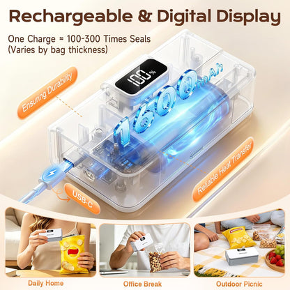 Rechargeable Mini Bag Sealer, 6 Adjustable Levels Heat Sealer with Magnet & Cutter, Portable Bag Resealer for Chip, Mylar & Plastic Bags - Gift for Women Mom Wife Men Dad Husband Friends.